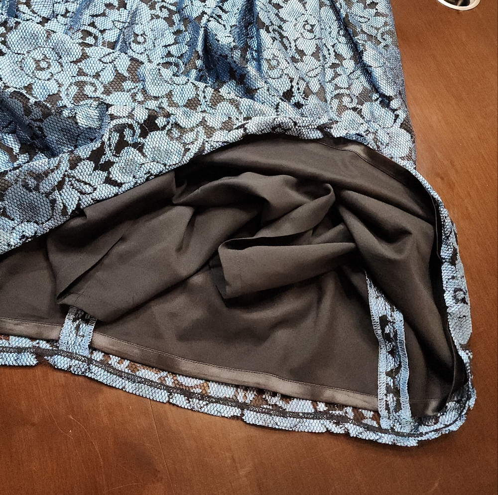 Eliza J Lace Black Blue Floral Cocktail Fit Flare Pleated Mini Dress Size 4 - Picture 16 of 17